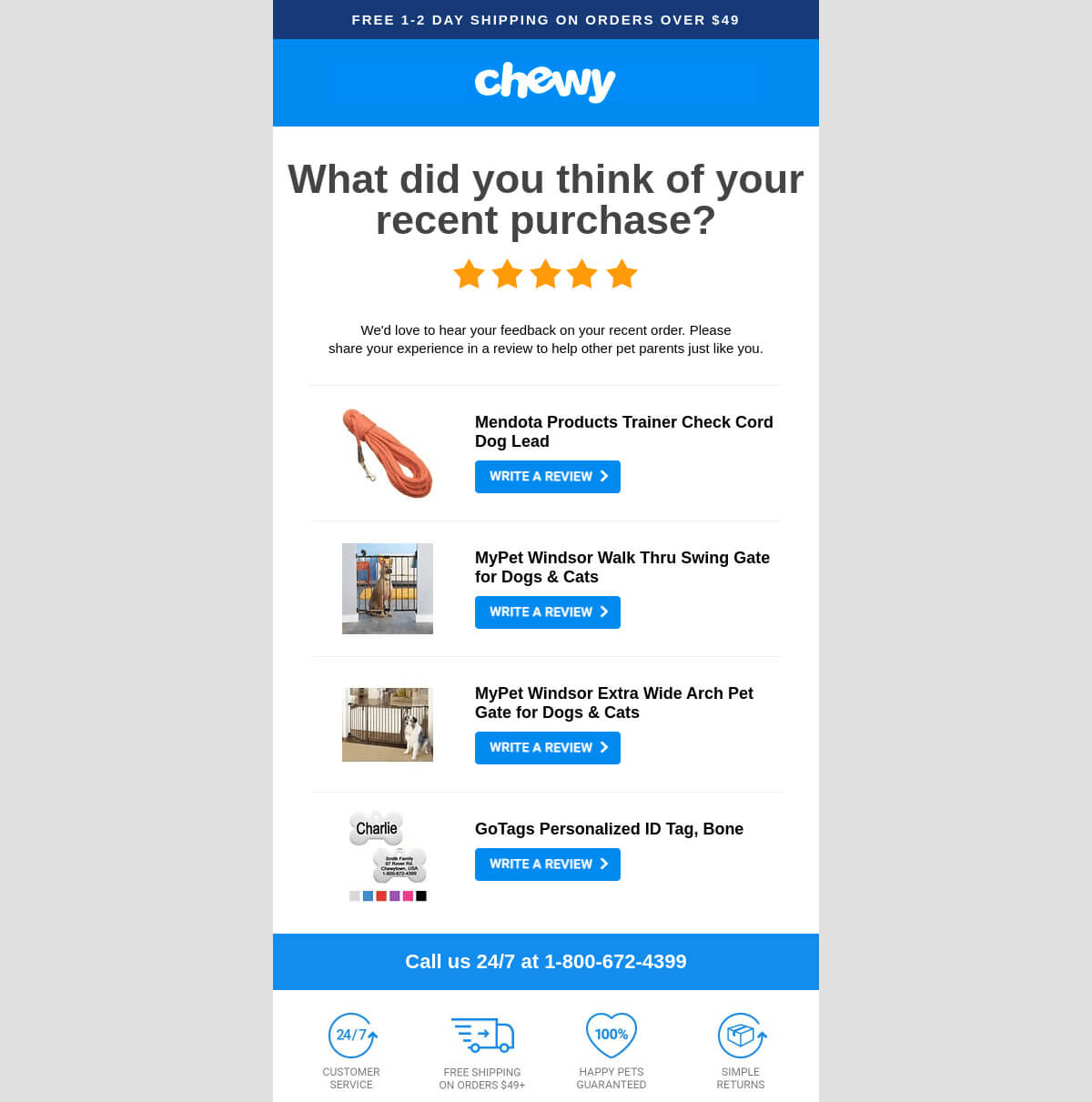 Chewy's email aiming to gather user feedback on a recent purchase