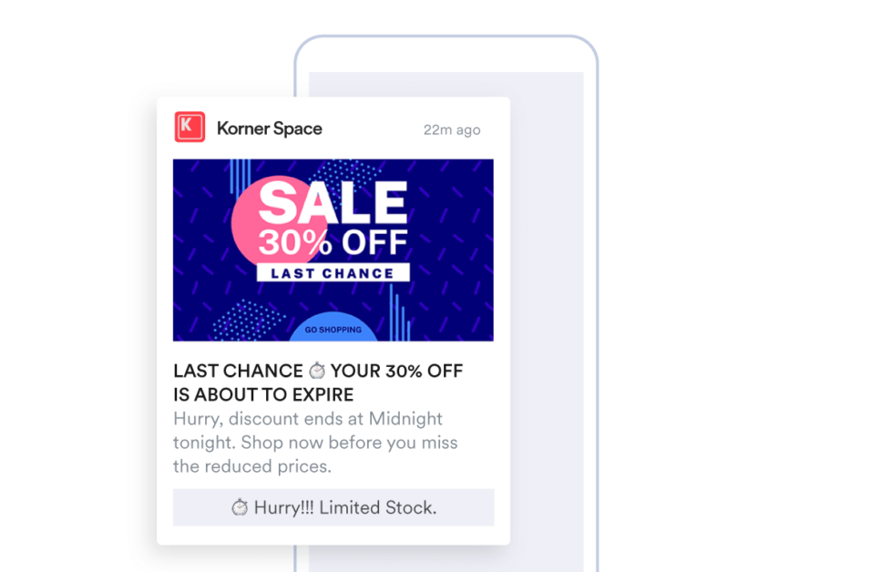 Example of Korner Space push notifications for reminding consumers of price drop/sale