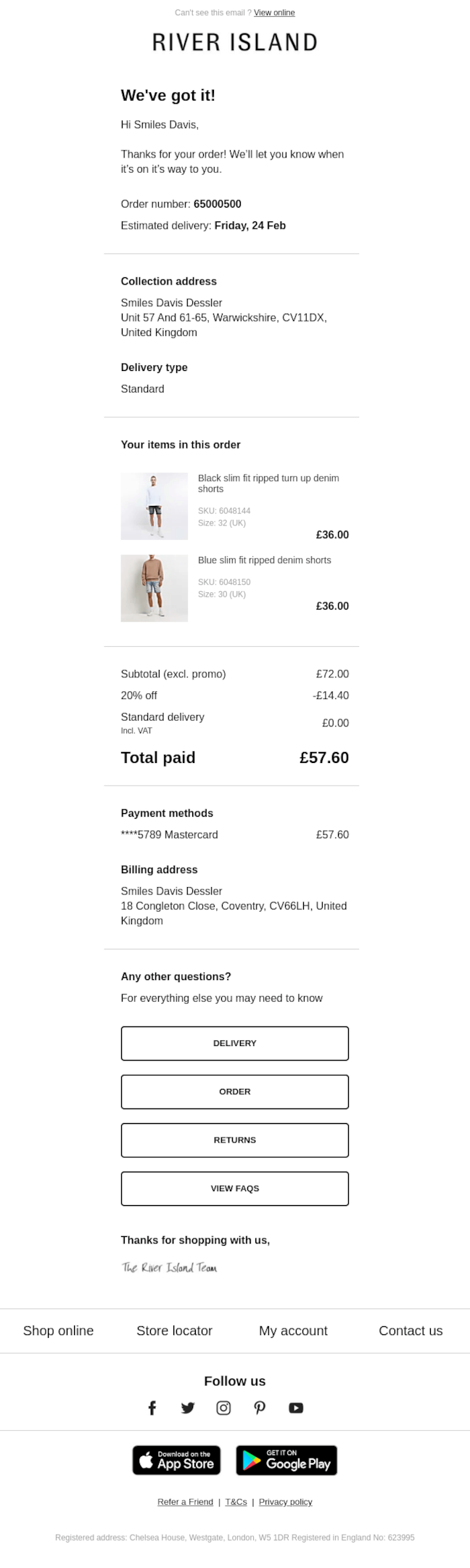 Order confirmation email from River Island tailored to the post-purchase stage of the email marketing journey