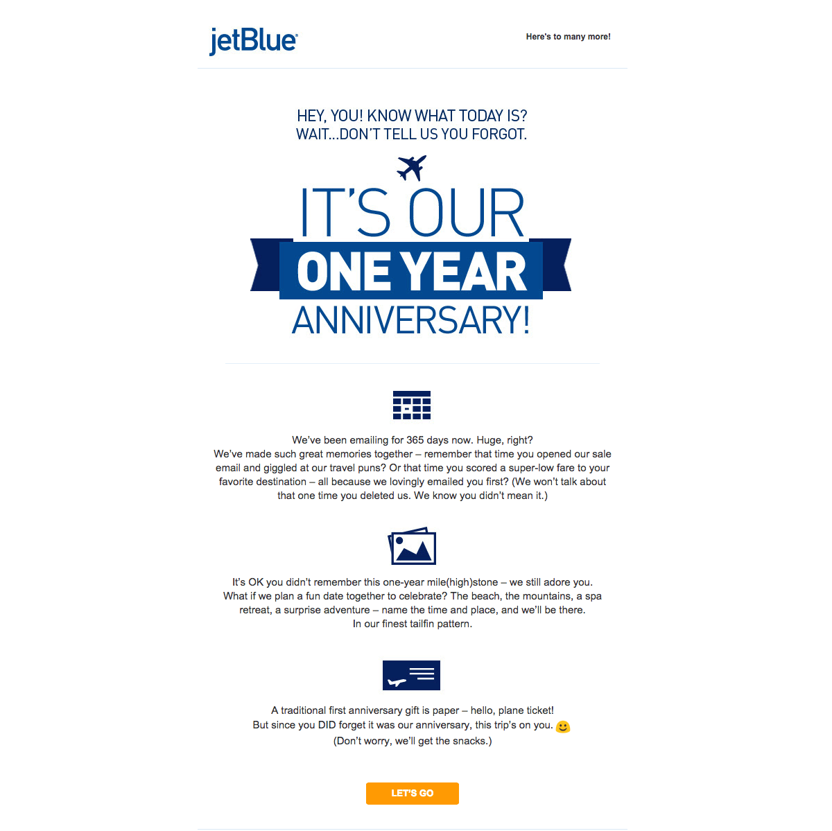 an example of a customized anniversary email by JetBlue 