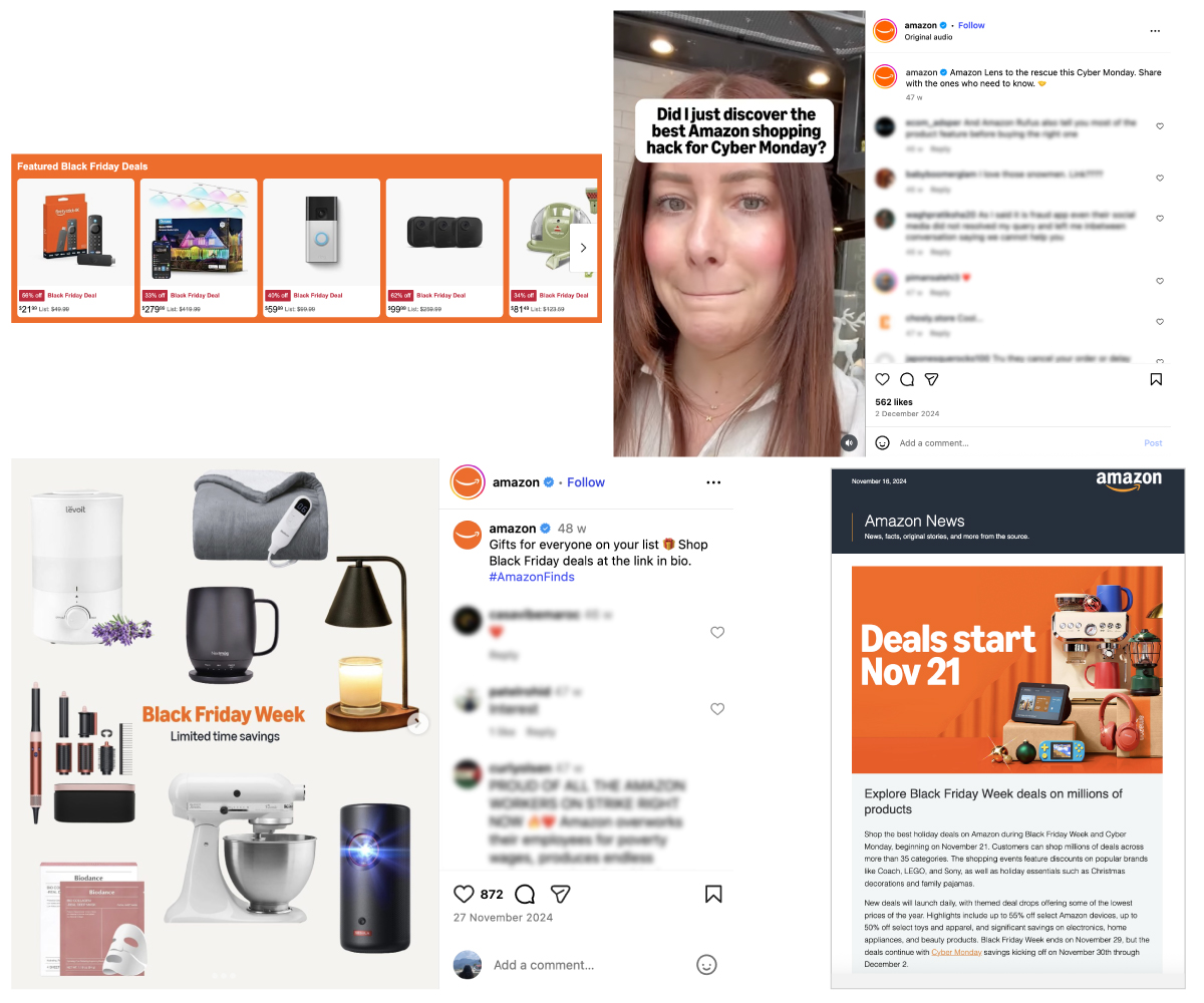 Amazon’s omnichannel BFCM marketing campaign across its Website, App, Email, and Social Channels