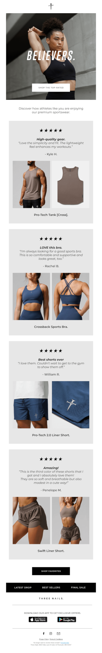 An email showing customer testimonials for a gymwear brand