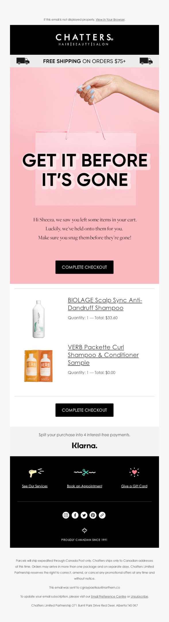 Another cart abandonment email example