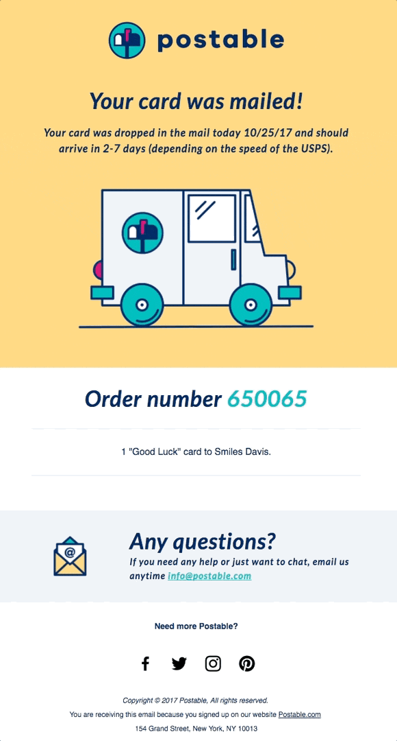 A customer journey email from Postable