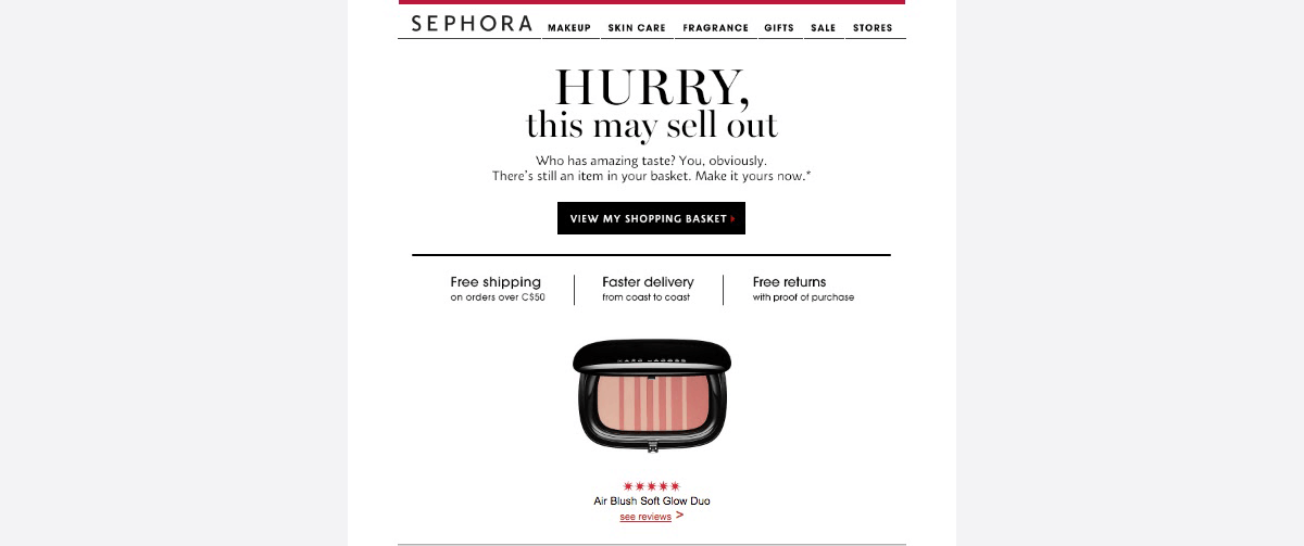 an example of abandoned cart email from Sephora