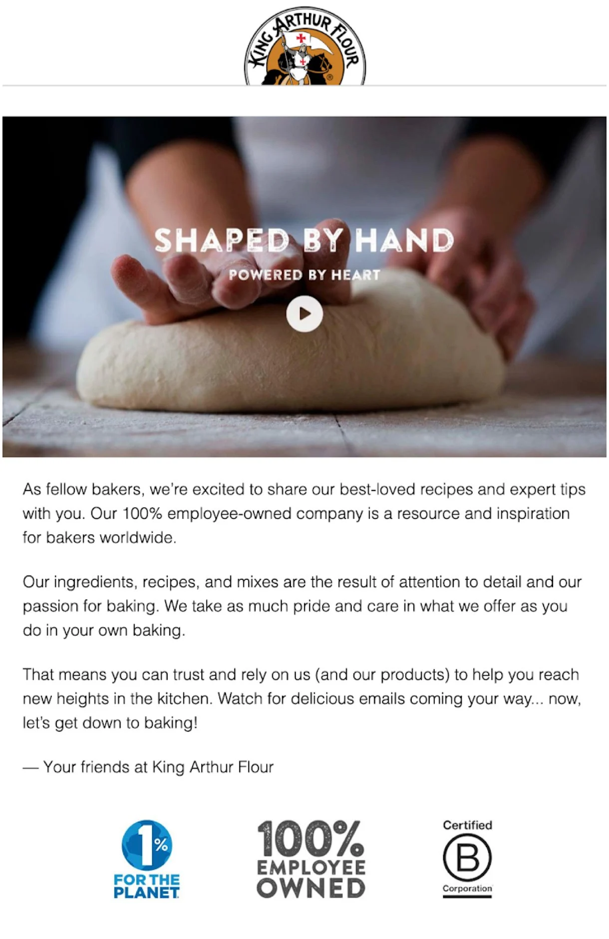 An email from King Arthur Flour sharing recipes and cooking tips at the awareness stage
