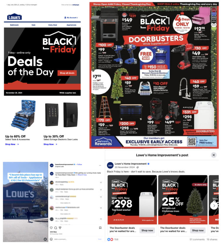 Lowe's omnichannel approach to Black Friday marketing via email, brochure, organic social, and paid social