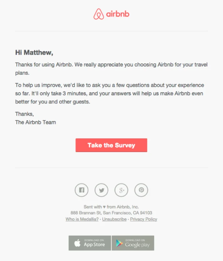 An automated email from Airbnb asking for customer feedback