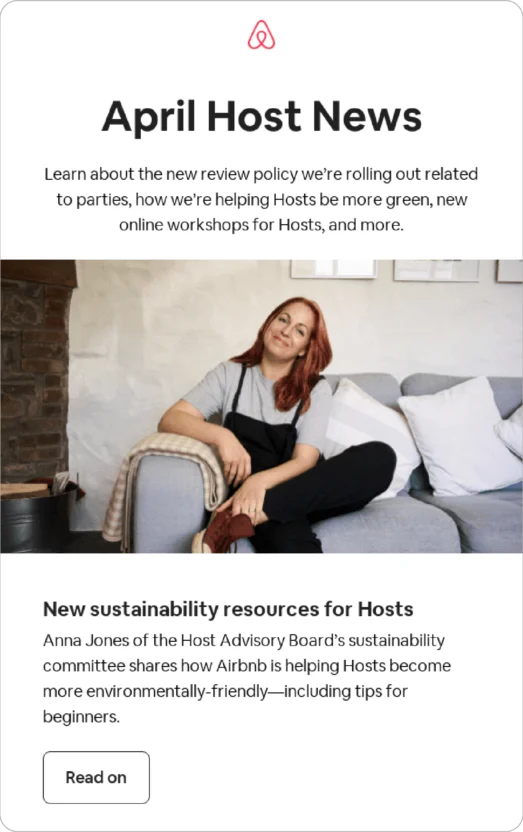 A product update email from Airbnb following a monthly email cadence