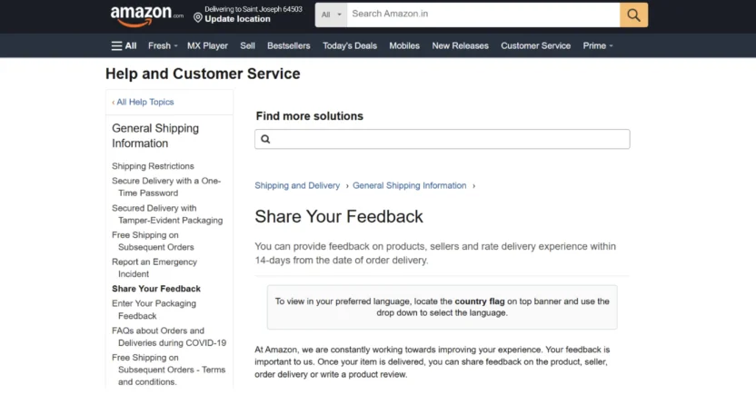 Amazon makes it easy for users to share their feedback to prevent churn.