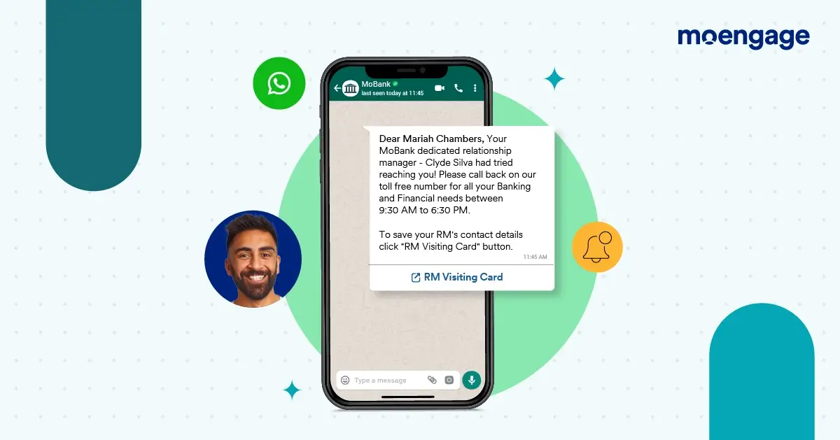 Cell phone with example WhatsApp message and a man's face in a circle