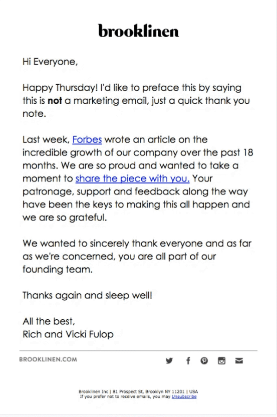 Brooklinen thanks its customers after they purchased a product.