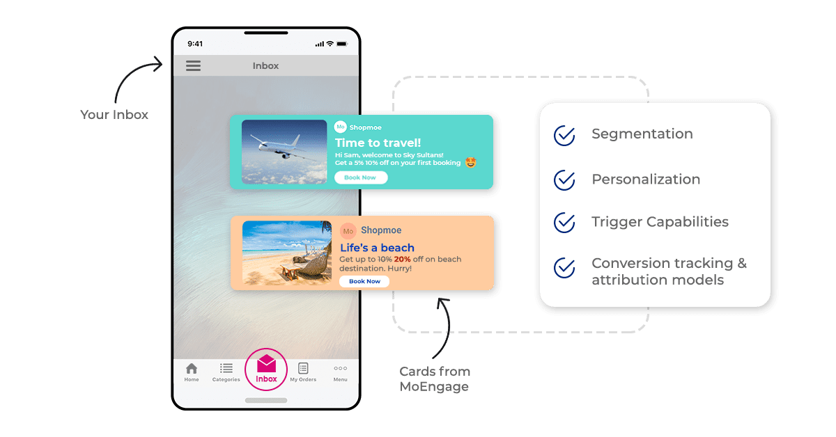 An example of MoEngage’s cards being used to send personalized messages to a customer’s inbox