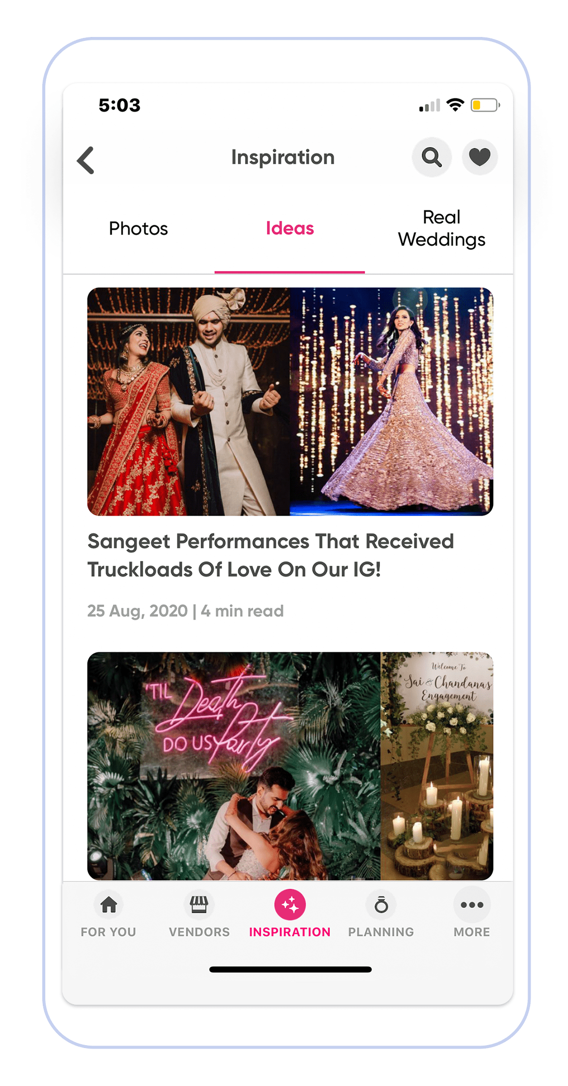 An example of inspiration section within a mobile app where customers can search for ideas