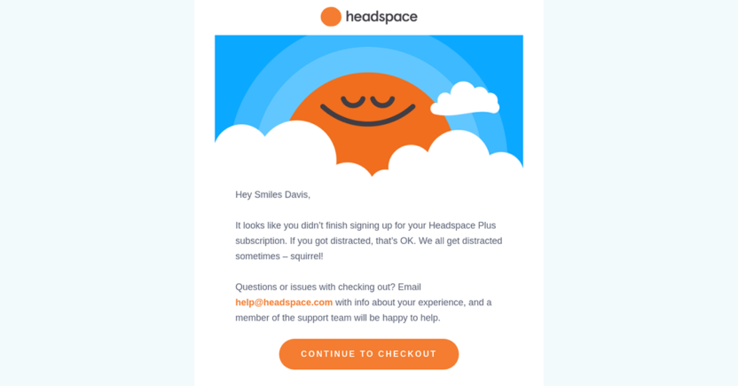 Cart abandonment email template used by Headspace