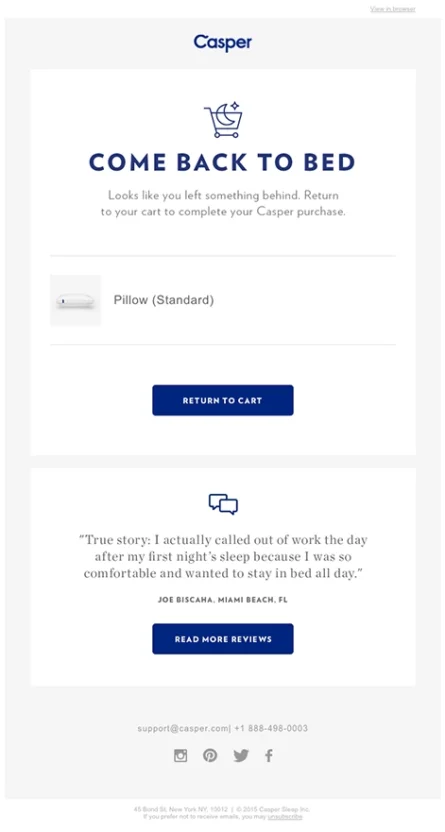 Cart abandonment email example from Casper