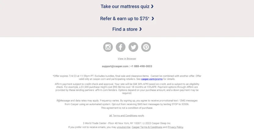 Casper's email includes a clear unsubscribe link