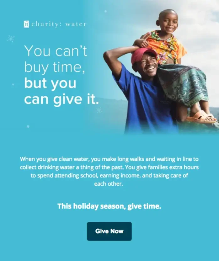 A holiday email shared by Charity Water