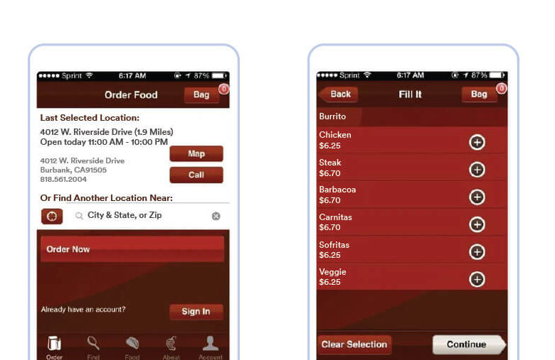 Chipotle's ordering app and an online system allows placing an order from anywhere, even on the go