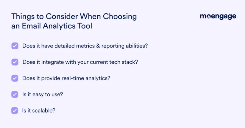 When considering email analytics tools, choose one that's scalable, easy to use and integrate, and provides detailed insights into your campaign performance
