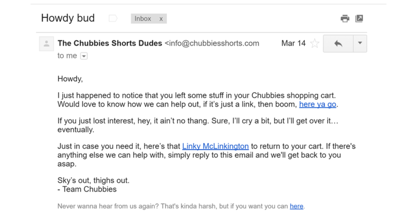 Chubbies humanizes its brand to prevent cart abandonment