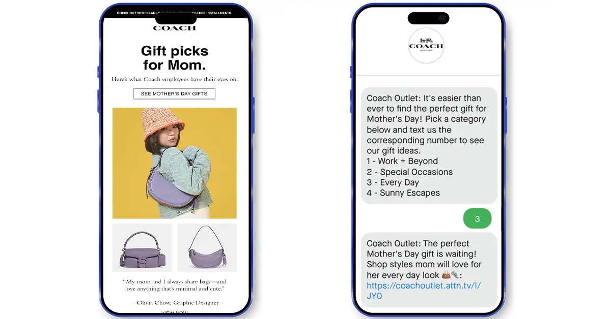 An SMS and Email from Coach for its Mother's Day Campaign