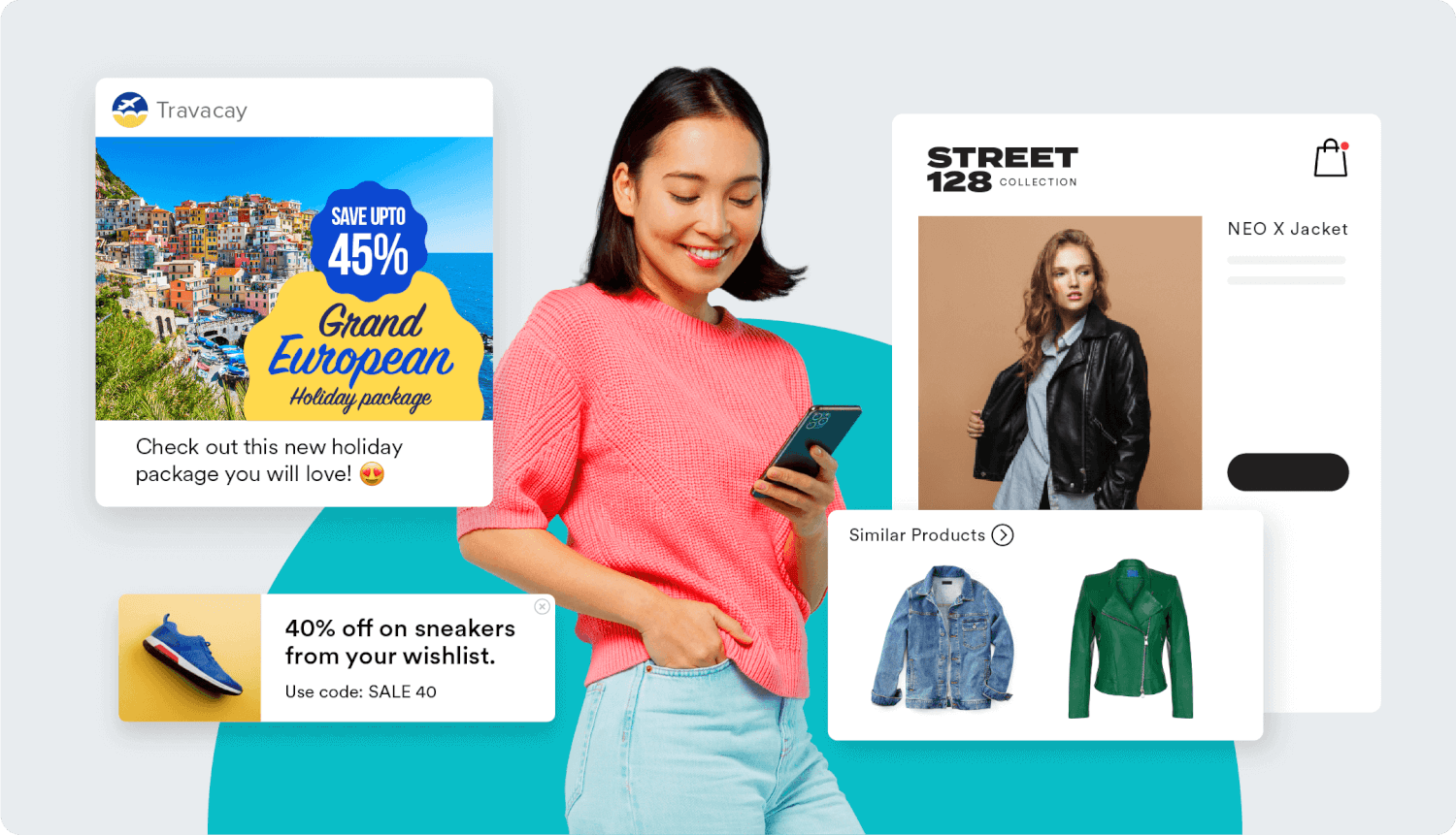 A woman looking at her phone, surrounded by different product recommendation advertisements