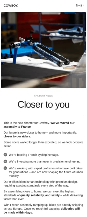A re-engagement email sharing company updates from Cowboy