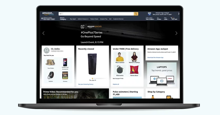 Amazon homepage has multiple touchpoints to the customer purchase journey