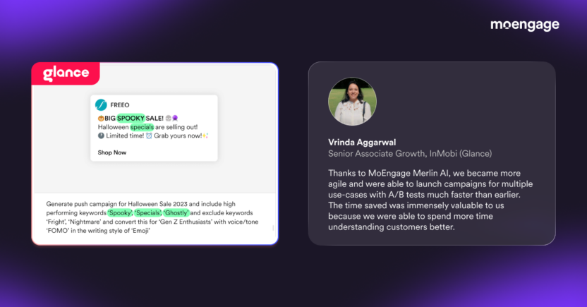 A Glance growth marketer testimonial highlighting how MoEngage Merlin AI drives faster campaign launches and agile A/B testing.