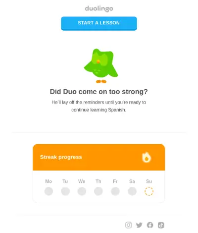 An example of an engaging follow-up email from Duolingo
