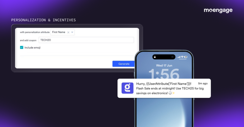 A dashboard preview showing personalized attribute settings alongside a generated, dynamic smartphone push notification.