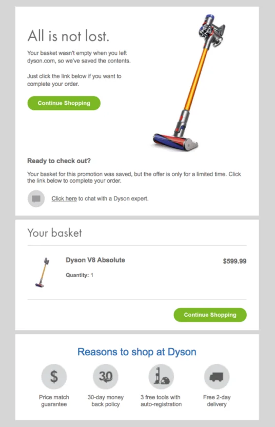 An automated cart abandonment email from Dyson