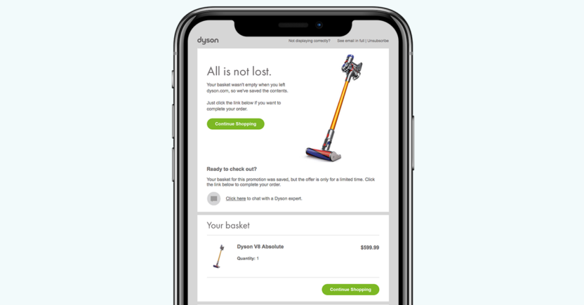 Dyson's cart abandonment email template is overflowing with value