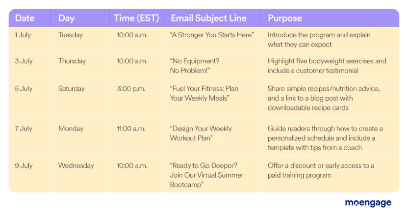 An email cadence template used by a hypothetical brand to plot out their email send times