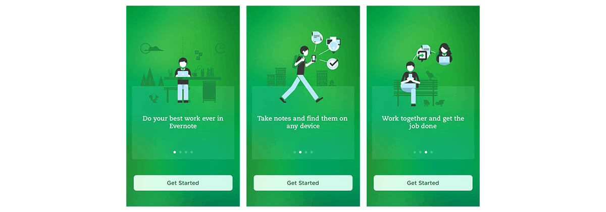 Evernote implementing a progress bar on its onboarding page and call to action on its last screen