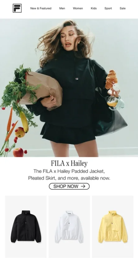 New product launch drip email from FILA in collaboration with Hailey Bieber