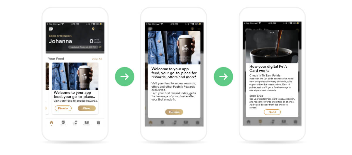 Peet’s app explains how it works and its core functionality through onboarding