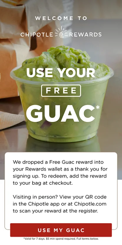 A customer relationship email from Chipotle offering recipients free guacamole