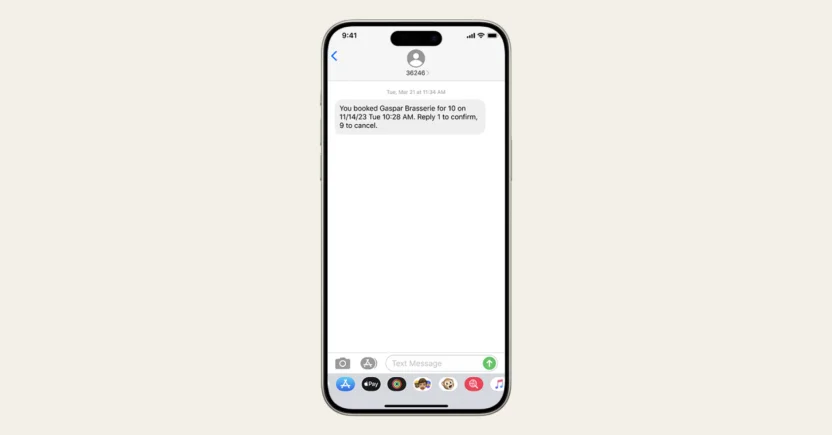 An appointment confirmation SMS from French restaurant Gaspar