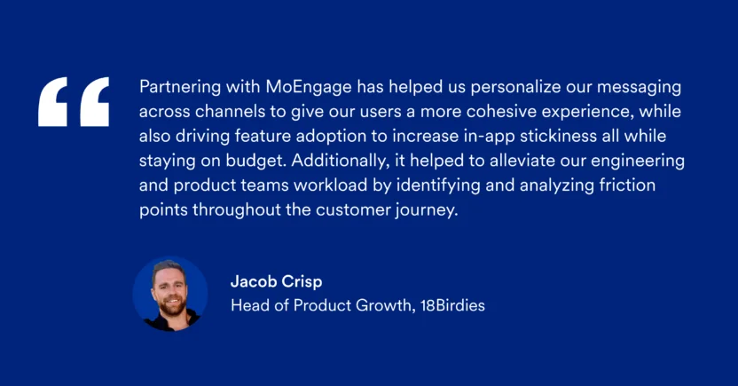 A testimonial of how 18Birdies has increased its in-app stickiness after using an in app messaging platform like MoEngage