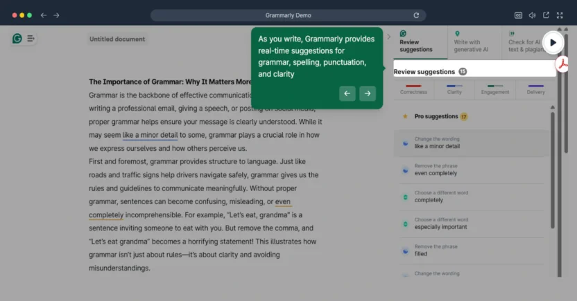 Grammarly walks new users through its features for churn reduction.