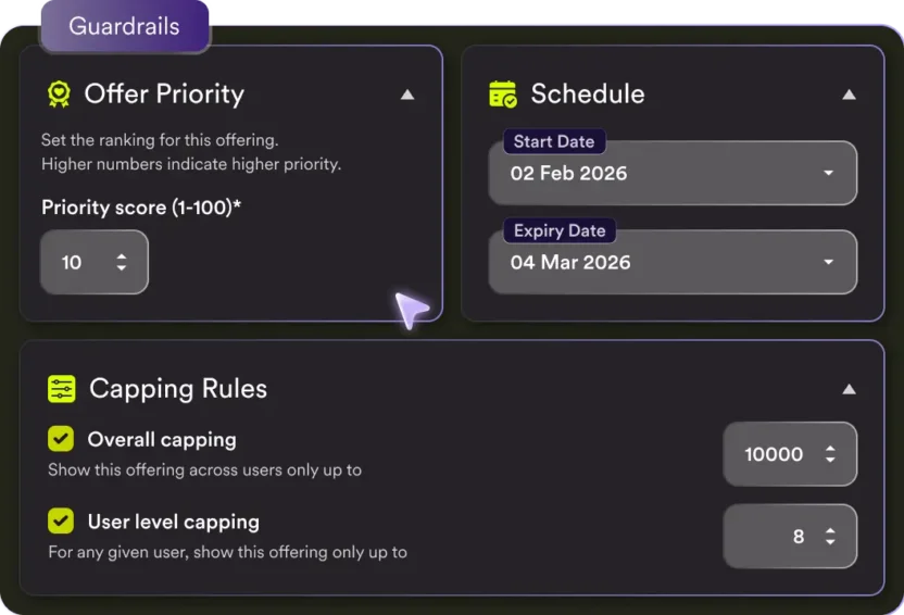 Merlin AI offer decisioning guardrails for priority scoring, scheduling, and frequency capping rules.