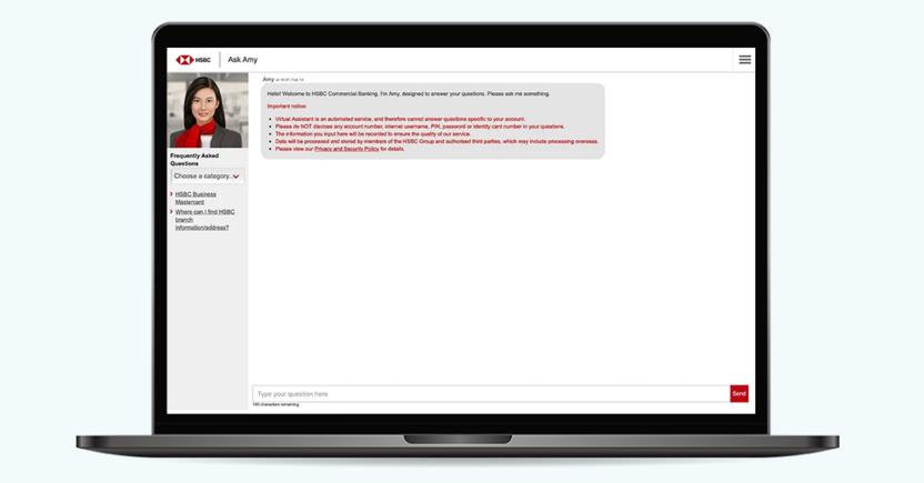 HSBC's Amy is a conversational chatbot that offers multilingual support