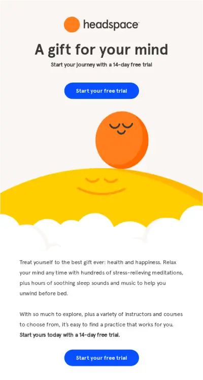 A re-engagement email from Headspace nudging inactive customers for a free trial