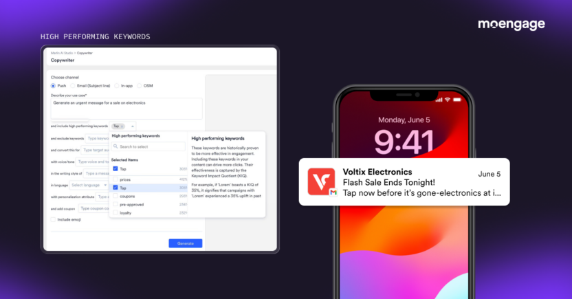 Dashboard menu showcasing AI-recommended high-performing keywords selected to maximize click-through rates on an active push notification preview.