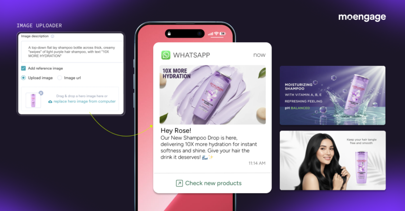 MoEngage image uploader dashboard transforming a reference shampoo product into multiple rich WhatsApp campaign creative variations.