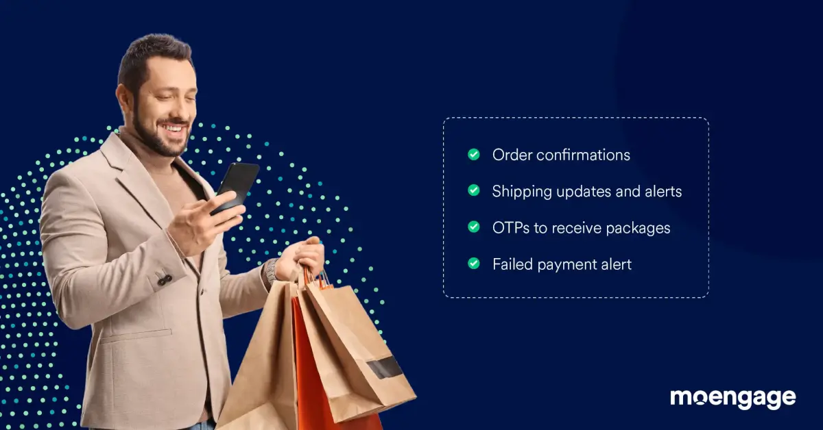 A man smiling while holding shopping bags and looking at his mobile device, alongside a list of reasons why retail and ecommerce businesses use MoEngage Inform