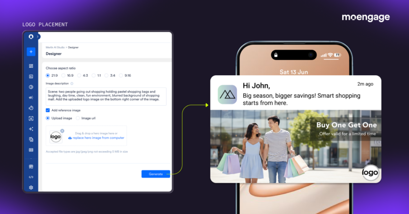 Dashboard interface illustrating automated placement of a brand logo file onto a generated retail lifestyle marketing banner