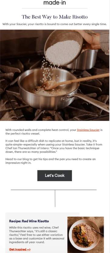 Made In Cookware sent an education email as a Shopify post-purchase email.